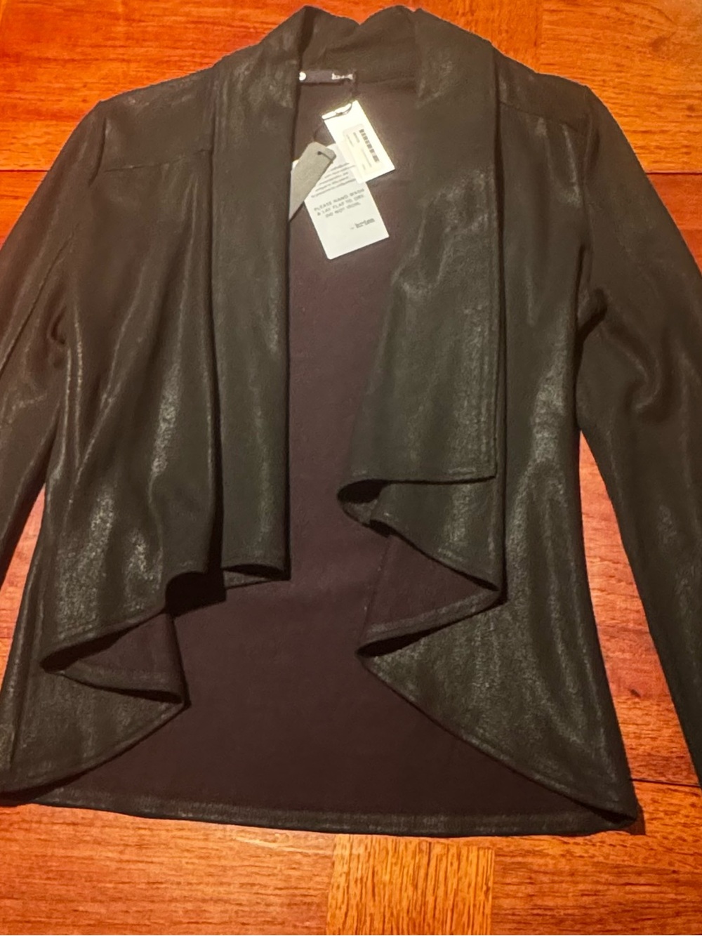 NWT Krisa Black Coated Waterfall Jacket Faux Leather Look Made in USA Medium
